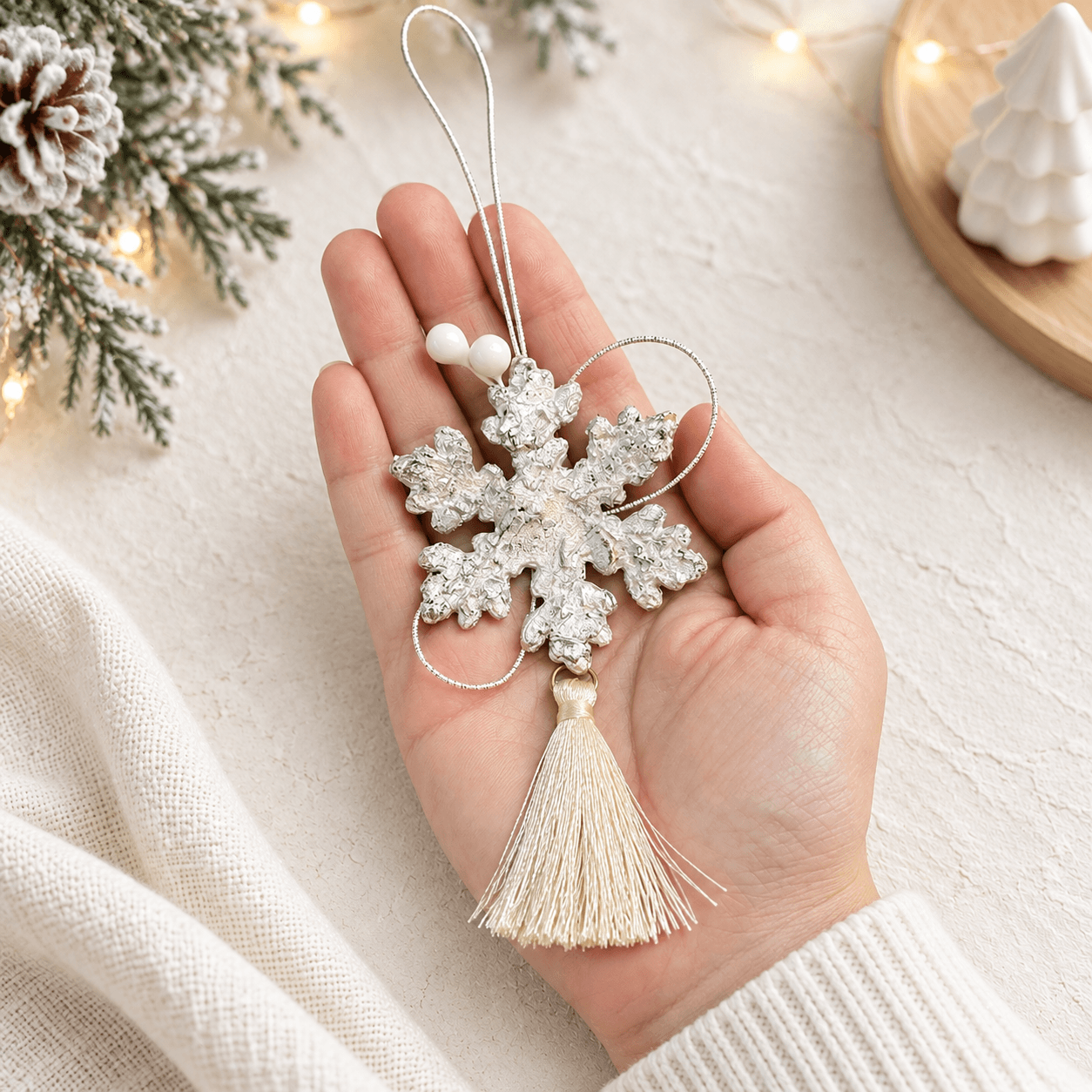 クリスマス 壁飾り2点セット｜雪結晶のタッセル飾りと松ぼっくりのミニスワッグ｜冬のしつらえ・無料ラッピング | 8枚目