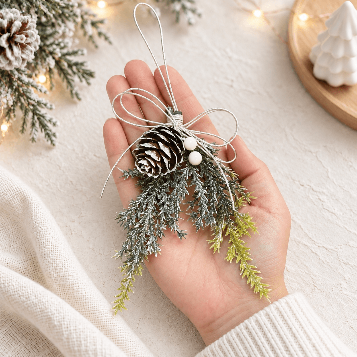クリスマス ミニスワッグ|雪化粧の松ぼっくりと銀水引|冬のしつらえ・無料ラッピング | 4枚目